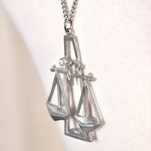 LIBRA Zodiac Astrology Necklace Vintage October Scales Long Pewter Pendent